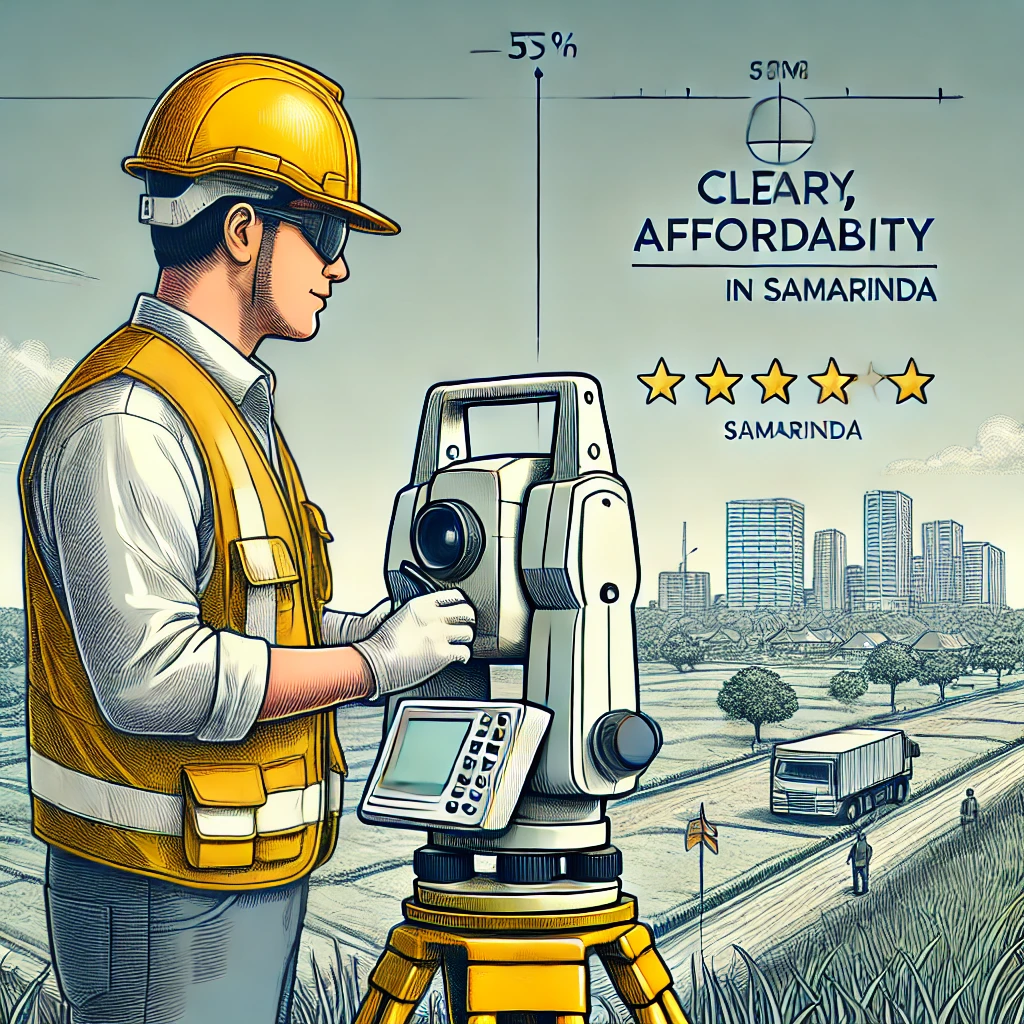 Professional surveyor using a high-quality total station for land surveying in Samarinda